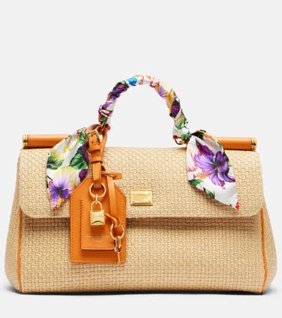 Dolce & Gabbana Sicily Small Raffia Shoulder Bag In Nude