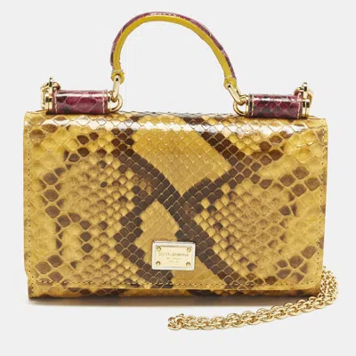 Pre-owned Dolce & Gabbana Sicily Von Yellow/pink Python Wallet On Chain