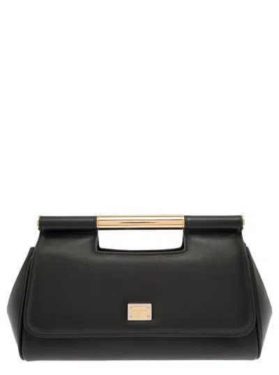 DOLCE & GABBANA 'SICILY' BLACK HANDBAG WITH LOGO PLAQUE IN SMOOTH LEATHER WOMAN