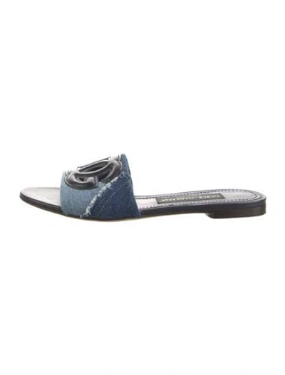 Pre-owned Dolce & Gabbana Signature Logo Denim Slides In Blue