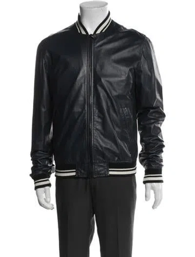 Pre-owned Dolce & Gabbana Signature Logo Lamb Leather Bomber Jacket In Blue