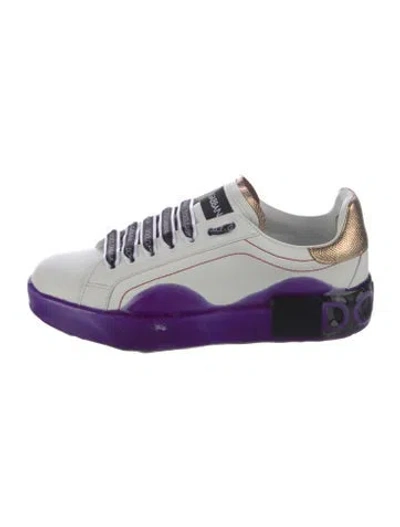 Pre-owned Dolce & Gabbana Signature Logo Leather Sneakers In White