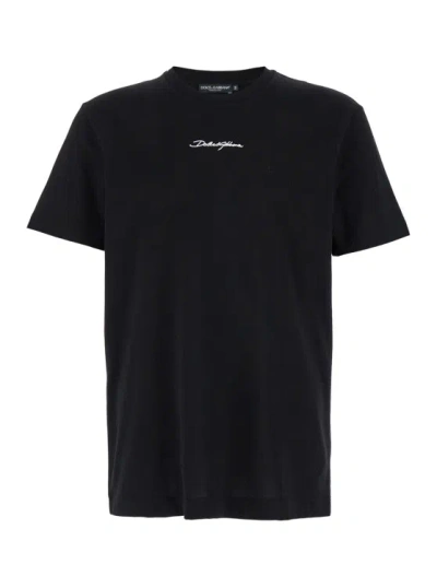 Dolce & Gabbana Cotton T-shirt With Contrasting Logo Embroidery And Crew Neckline In Black