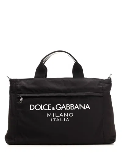 Dolce & Gabbana Black Gym Bag With Contrasting Logo Print In Polyamide Man