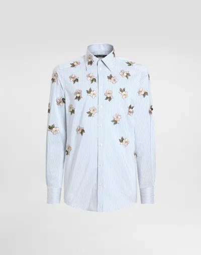 Dolce & Gabbana Silk And Cotton Shirt With Floral Appliqués In Multicolor
