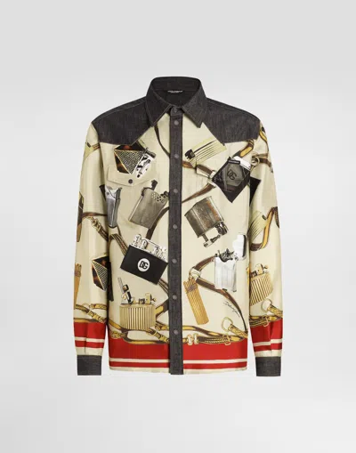 DOLCE & GABBANA SILK AND DENIM SHIRT WITH LIGHTER PRINT