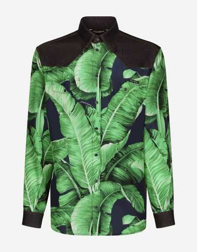 Dolce & Gabbana Silk And Stretch Denim Shirt With Banana Tree Print