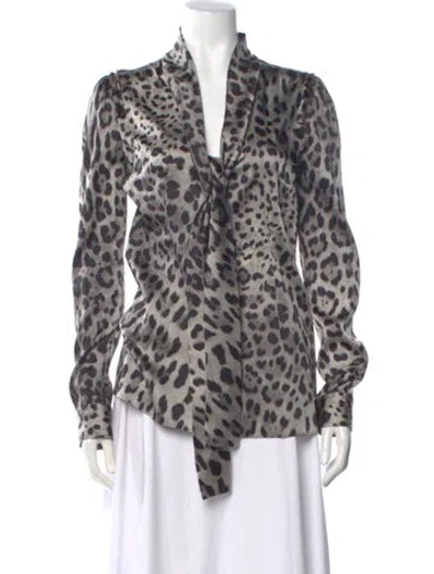 Pre-owned Dolce & Gabbana Silk Animal Print Blouse In Gray