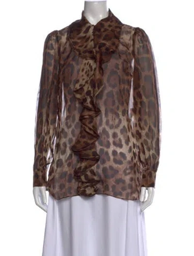 Pre-owned Dolce & Gabbana Silk Animal Print Blouse W/ Tags In Brown