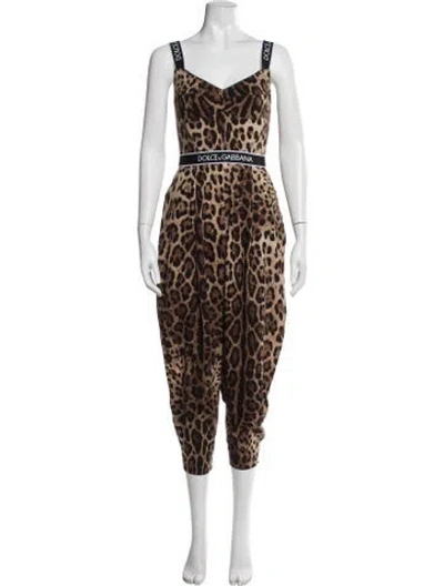 Pre-owned Dolce & Gabbana Silk Animal Print Jumpsuit In Brown