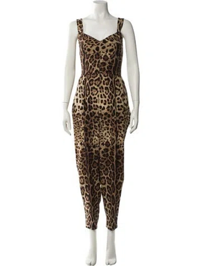 Pre-owned Dolce & Gabbana Silk Animal Print Jumpsuit W/ Tags In Brown