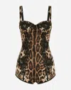 Dolce & Gabbana Silk Balconette Lingerie Bodysuit With Leopard-print Lace Details In Multicolor