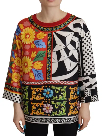 DOLCE & GABBANA DOLCE & GABBANA SILK BAROQUE FLORAL ROUND NECK WOMEN'S BLOUSE