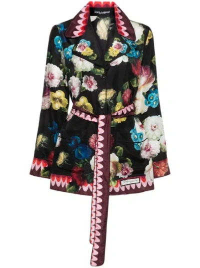 Dolce & Gabbana Silk Belted Waist Cardigan In Multicolor