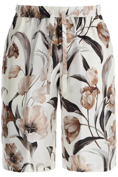 Dolce & Gabbana Beige Bermuda Short With Flower Print In Silk Twill In Multi