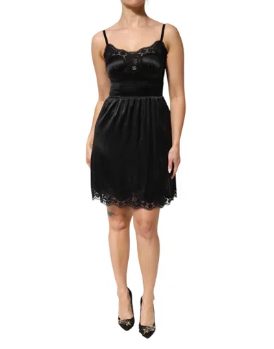 Dolce & Gabbana Silk Blend Lace Trim Dress In Black