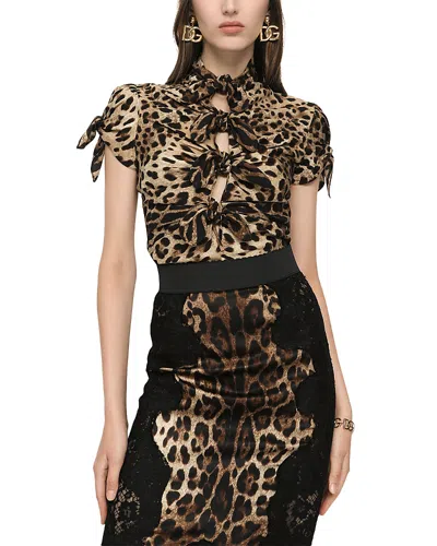 Dolce & Gabbana Silk Blend Leopard Print Blouse In Brown
