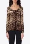 Dolce & Gabbana Leopard Print Silk Blend Long Sleeve Top In Brown