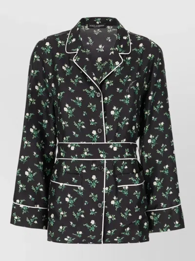 Dolce & Gabbana Silk Blouse Belt Waist Floral Piping In Black