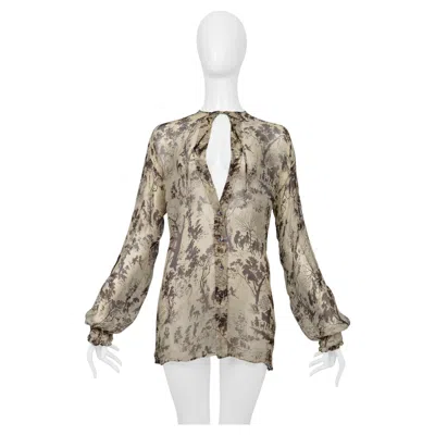 Pre-owned Dolce & Gabbana Silk Blouse With Brown Pictorial Print With Ties