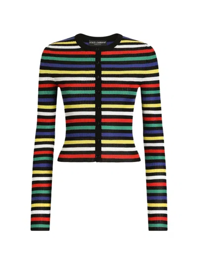 Dolce & Gabbana Ribbed Striped Silk Cardigan In Multi