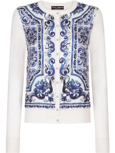 Dolce & Gabbana Silk Cardigan With Maiolica Print In Blue
