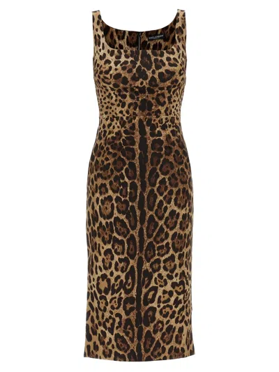 Dolce & Gabbana Leopard Print Silk Charmeuse Dress In Brown