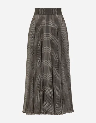 DOLCE & GABBANA SILK CHIFFON CALF-LENGTH CIRCLE SKIRT WITH GLEN PLAID PRINT