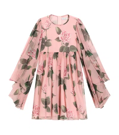 Dolce & Gabbana Kids' Silk Chiffon Floral Dress In Pink