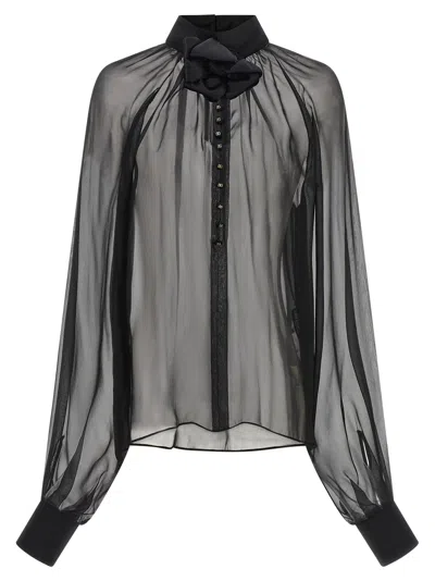 Dolce & Gabbana Silk Chiffon With 3d Floral Collar Blouse In Black
