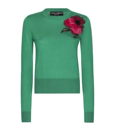 Dolce & Gabbana Silk Sweater With Flower Appliqué In Green