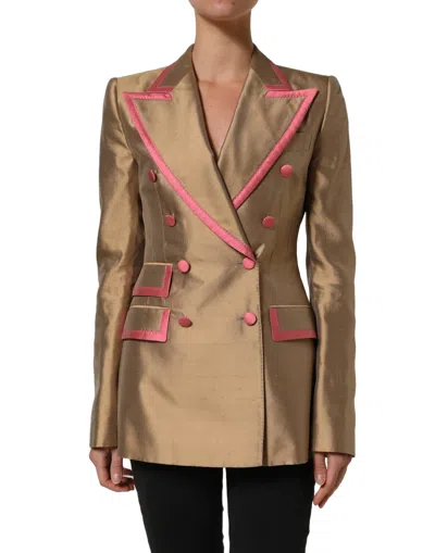 Dolce & Gabbana Silk Double-breasted With Piped Trim Blazer In Gold
