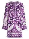 Dolce & Gabbana Majolica Silk Twill Long-sleeve Mini Shift Dress