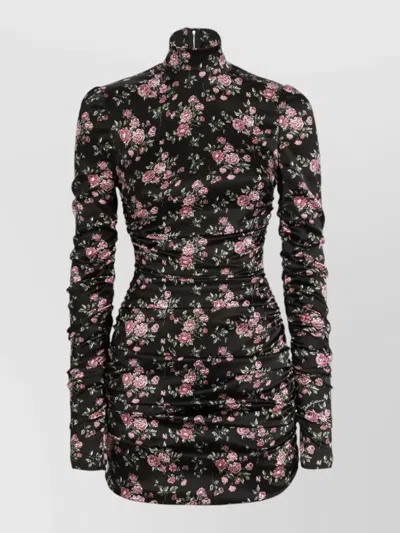 Dolce & Gabbana Silk Dress Ruched High Neck Floral In Black
