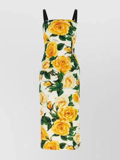 Dolce & Gabbana Silk Dress With Floral Print And Spaghetti Straps In Yellow