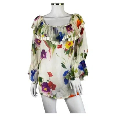 Pre-owned Dolce & Gabbana Silk Floral Blouse, Ss 2002 In Gray