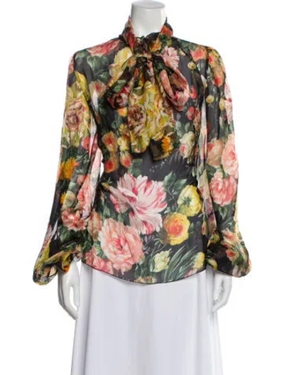 Pre-owned Dolce & Gabbana Silk Floral Print Blouse In Black