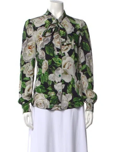 Pre-owned Dolce & Gabbana Silk Floral Print Blouse In Black