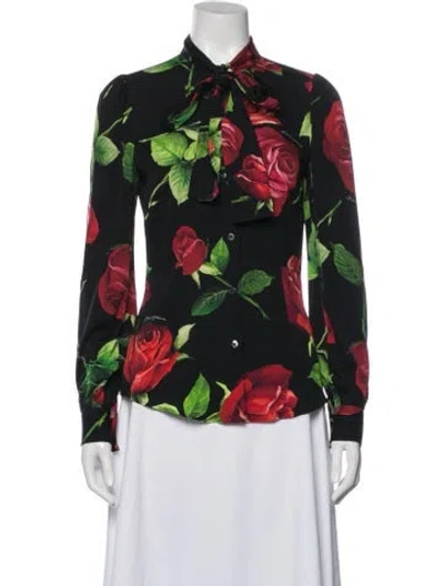 Pre-owned Dolce & Gabbana Silk Floral Print Blouse In Black