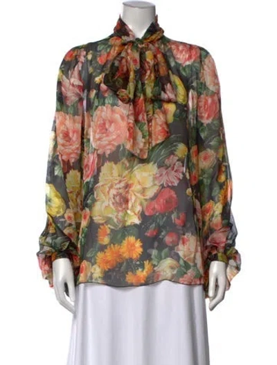 Pre-owned Dolce & Gabbana Silk Floral Print Blouse In Black