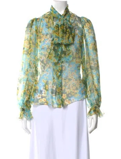 Pre-owned Dolce & Gabbana Silk Floral Print Blouse In Blue