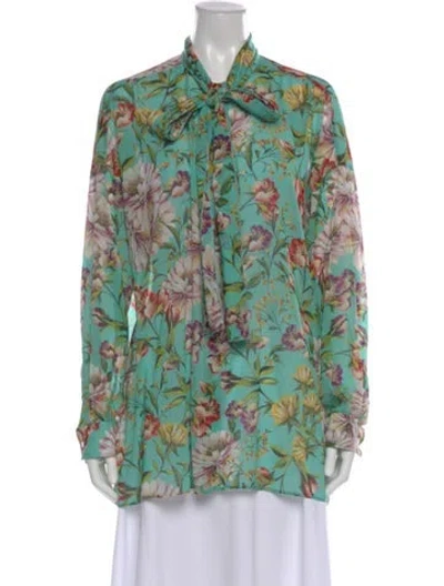 Pre-owned Dolce & Gabbana Silk Floral Print Blouse In Blue