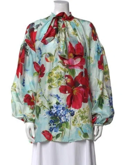 Pre-owned Dolce & Gabbana Silk Floral Print Blouse In Blue