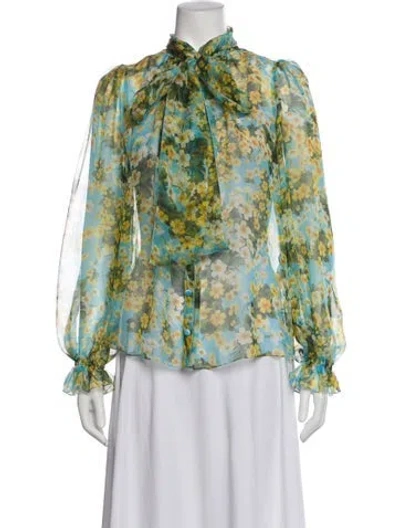Pre-owned Dolce & Gabbana Silk Floral Print Blouse In Green