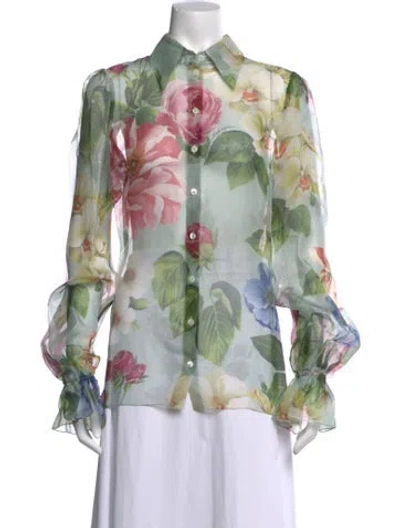 Pre-owned Dolce & Gabbana Silk Floral Print Blouse In Green