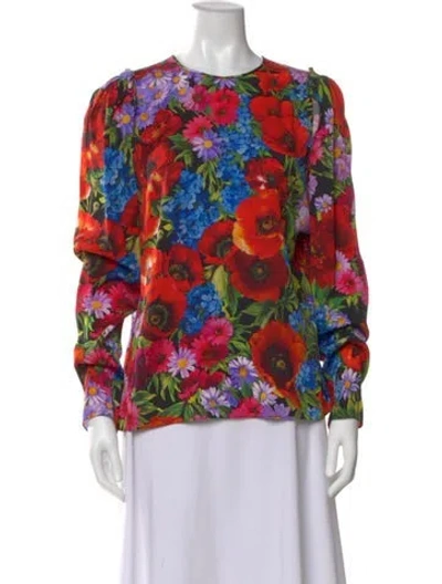 Pre-owned Dolce & Gabbana Silk Floral Print Blouse In Red