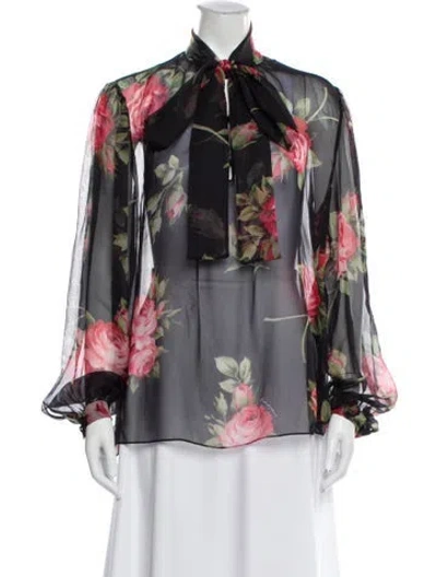 Pre-owned Dolce & Gabbana Silk Floral Print Blouse W/ Tags In Black