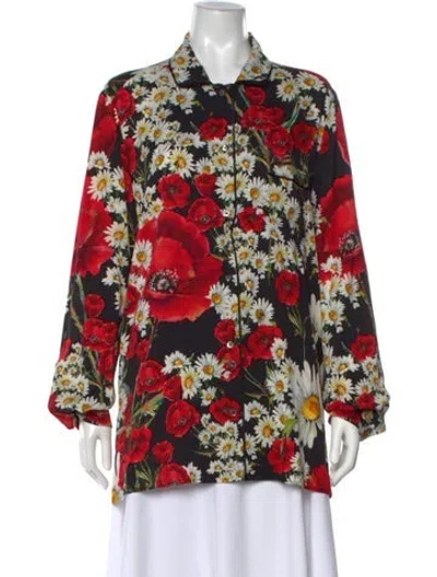 Pre-owned Dolce & Gabbana Silk Floral Print Blouse W/ Tags In Black