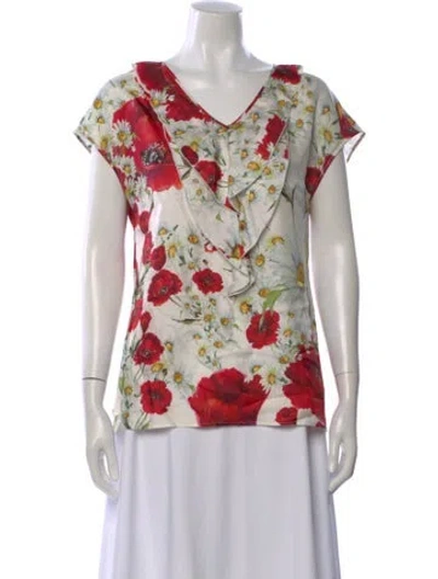Pre-owned Dolce & Gabbana Silk Floral Print Blouse W/ Tags In White
