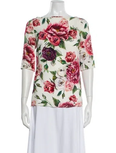 Pre-owned Dolce & Gabbana Silk Floral Print Blouse In White
